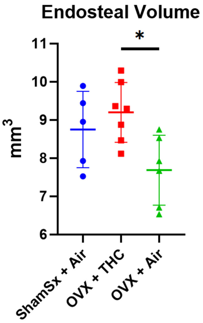 Cortical microCT results. Dot plots (mean line + SD) showing cortical microCT parameters from the proximal tibial metaphysis in ShamSx + Air, OVX + THC, and OVX + Air groups. Endosteal volume was significantly increased between the OVX + THC group and the OVX + Air group. Data was found to be parametric. Significant differences between treatment groups (Kruskal–Wallis) are indicated by lines. * p < 0.05.