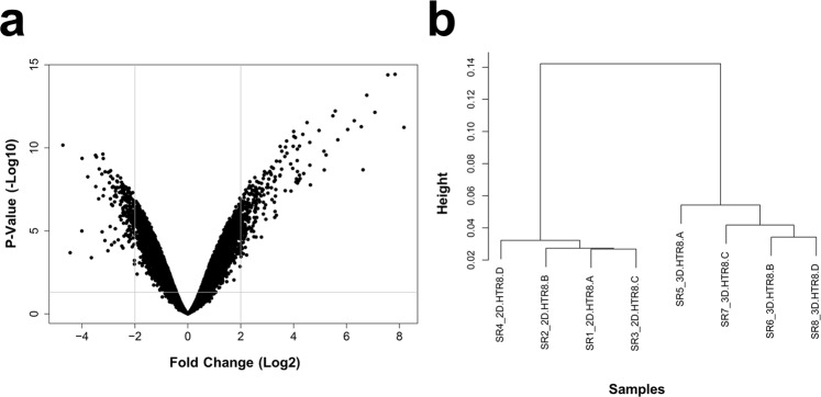 Transcriptome profiling of global gene expression changes in EVTs cultured as 3D spheroids compared to 2D monolayers. (a) Volcano plot comparing fold change (Log2) to p-value (-Log10) of differentially expressed genes measured using Clariom S Human microarray (Thermo). Significance determined by p < 0.05 and absolute fold change ≥2. (b) Dendrogram demonstrating clustering of the samples by similarity of transcriptome profiles. Four samples were analyzed per group, with different letters at the end of the name indicating a distinct sample.