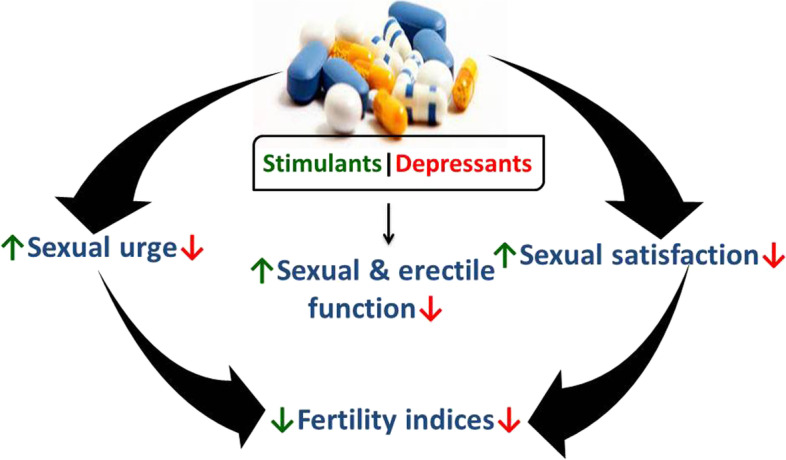Effects of psychoactive drugs on sexual function and fertility indices. Psychoactive drugs usually act as stimulants or depressants irrespective of their classes. Depressants have been reported to suppress (red arrow) sexual urge, sexual and erectile function, and sexual satisfaction via downregulation of circulating androgen and stimulatory neuroendocrine like dopamine, resulting in reduced fertility indices. On the other hand, although stimulants may elicit increased (green arrow) sexual urge, sexual and erectile function, and sexual satisfactory via a testosterone-independent signaling, they also induce reduced fertility indices