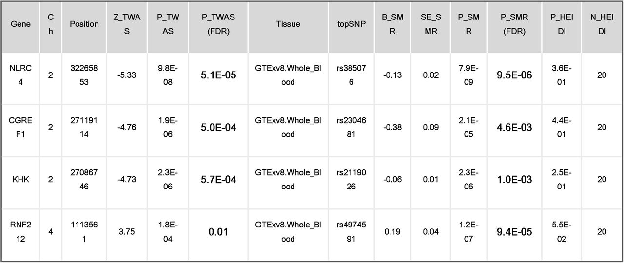 TWAS / SMR/HEIDI results of the GWAS data on Dorsopathies, blood eQTL data.TWAS/SMR/HEIDI results of the GWAS data on Dorsopathies, blood eQTL data. Ch represents chromosome;position indicates the gene’s position, Z_TWAS, P_TWAS are the Z-score and p-value of the TWAS test; Tissue represents the tissue source used in the TWAS analyses. topSNP represents the top SNP in the SMR analyses. P_SMR is the p-value for the SMR test; B_SMR is the effect size from the SMR test; SE_SMR is the standard error of B_SMR; P_HEIDI is the p-value for the HEIDI test; N_HEIDI is the number of SNPs used in the HEIDI test; FDR represents false discovery rate.