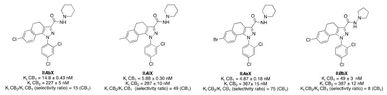 Structure of representative 4,5-dihydro-1H-benzo(g)indazole-based derivatives (II). Affinities at CB1 and CB2 receptors were assessed by competition of (3H)-CP 55,940 in mouse cerebellum membranes and in mouse spleen homogenates, respectively [57].