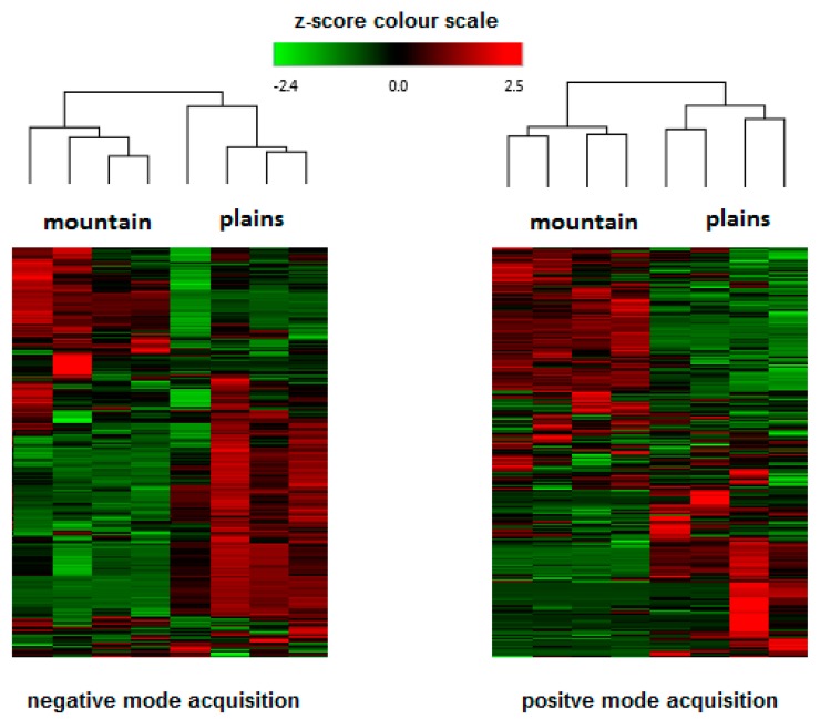 Hierarchical cluster analysis: heat-map reflecting the differences between compounds revealed in Kompolti inflorescences in respect to different geographical/climatic conditions.