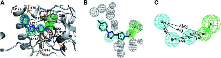 The construction of pharmacophore model, Phar-MAGL. (A) Receptor-ligand pharmacophore generation of Phar-MAGL was based on the complex structure of hMAGL-E3A (PDB ID: 6BQ0). The protein structure of hMAGL is shown in ribbon with active site residues presenting as light-orange sticks. E3A is shown in magenta stick. (B) The pharmacophore model Phar-MAGL. (C) Features at a specific distance correspond to the pharmacophore model, Phar-MAGL in all panels, the mesh spheres in cyan, green, and gray represent hydrophobic, hydrogen-bond acceptor features, and excluded volume, respectively).