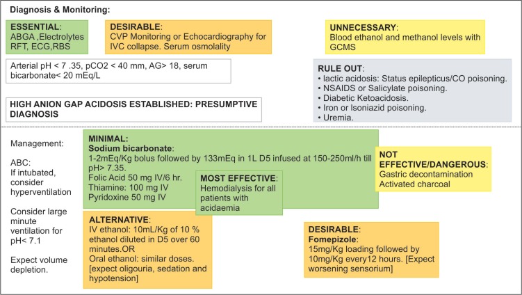 Diagnosis and management of methanol poisoninga. aRAPD, relative afferent pupillary defect; RFT, renal function tests; ECG, electrocardiogram; RBS, random blood sugar; CVP, central venous pressure; IVC, inferior vena cava; CO, carbon monoxide; pCO2, partial pressure carbon dioxide; AG, anion gap; IV, intravenous