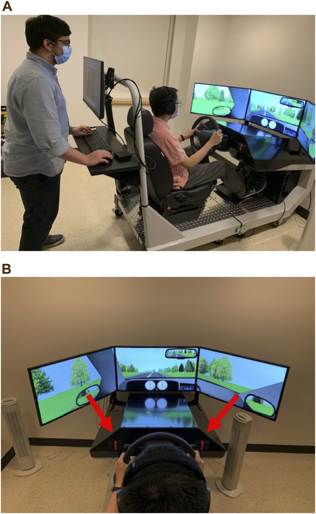 STISIM M40000-R Drive driving simulator with a sample driving scenario. (A) depicts the operator interface where session administrators (left) set preselected driving scenarios. (B) illustrates the three-screen display and arrows indicate the divided attention task’s buttons (pink tape).