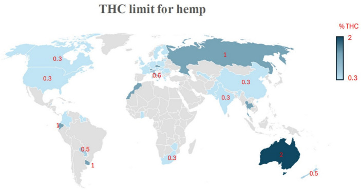 Limit of THC in hemp in various countries around the world (data are from Table 1 in FIHO 2024)