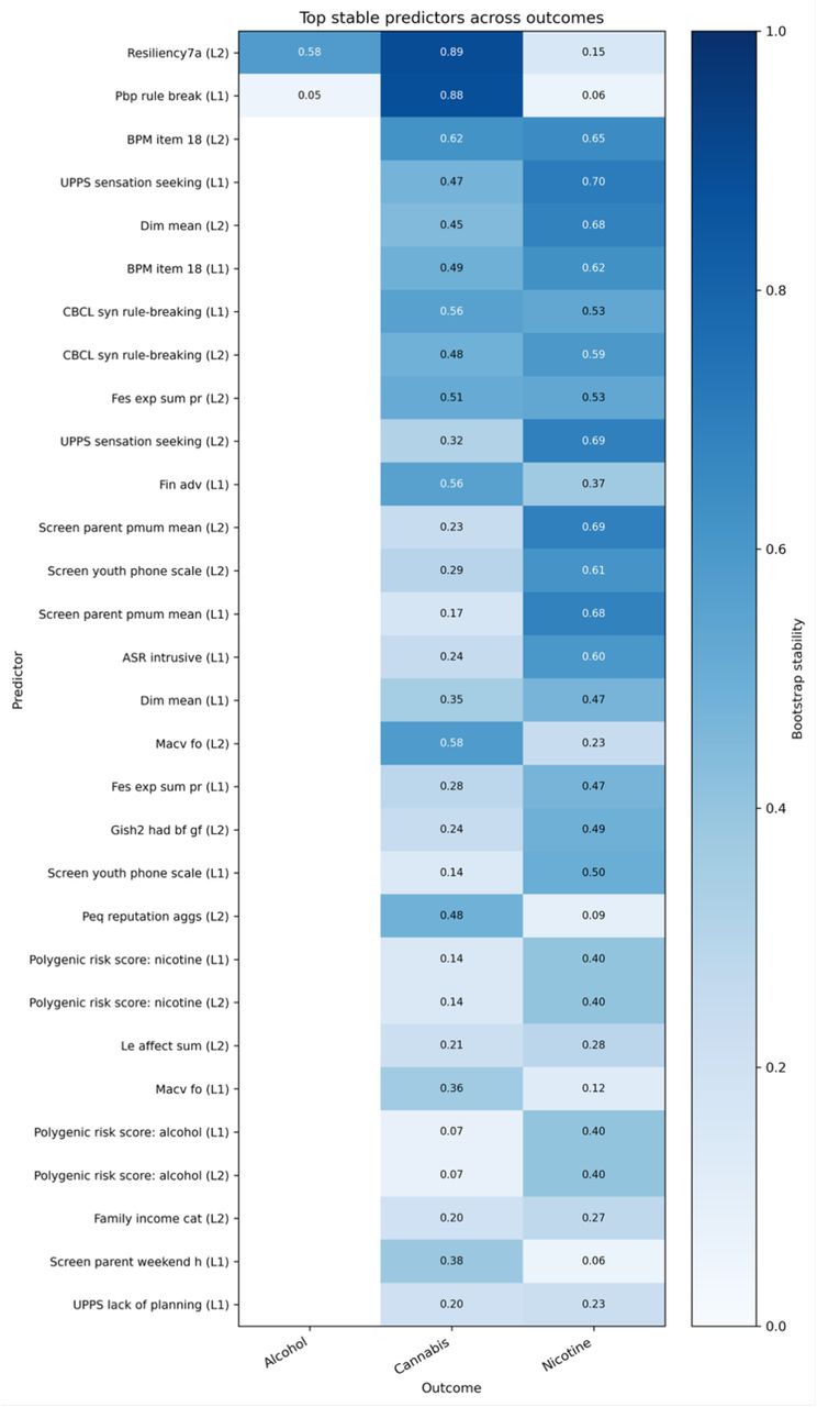 Heatmap of top stable predictors across outcomes. Each cell shows the bootstrap stability score for a predictor–outcome pair. Higher values indicate that the edge was selected more consistently across bootstrap runs. Predictors that appear across multiple outcomes may represent shared risk factors.
