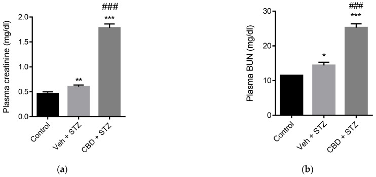 CBD worsens STZ-induced renal dysfunction. Quantification of (a) plasma creatinine and (b) blood urea nitrogen (BUN) in control, vehicle-STZ, and CBD-STZ-treated mice. Values are expressed as mean ± SEM (n = 6–7 animals per group). * p < 0.05, ** p < 0.01 and *** p < 0.001 vs. vehicle-citrate buffer-treated mice (control); ### p < 0.001 vs. vehicle-STZ.