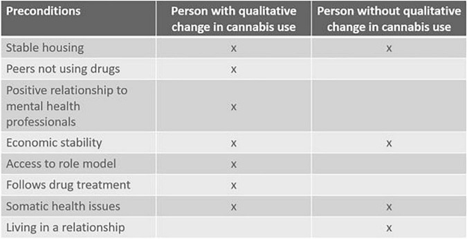 The presence of factors possibly supporting transition to abstinence compared across two cases. The left column describes a 29-year-old female, the right column characterizes a 19-year-old male. Both were diagnosed with paranoid schizophrenia.