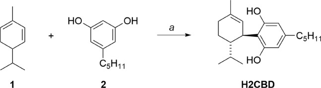 Preparation of synthetic H2CBD. Reagents and conditions: a. p-toluenesulfonic acid monohydrate (0.3 eq), benzene, RT, 1 h.