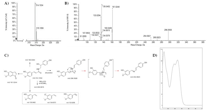 (A) and (B) TOF-MS and TOF-MS/MS spectra for compound 1; (C) proposed fragmentation pathway of the [M − H]− ion; (D) UV-DAD spectrum. In C panel, the theoretical m/z value is reported below each structure.