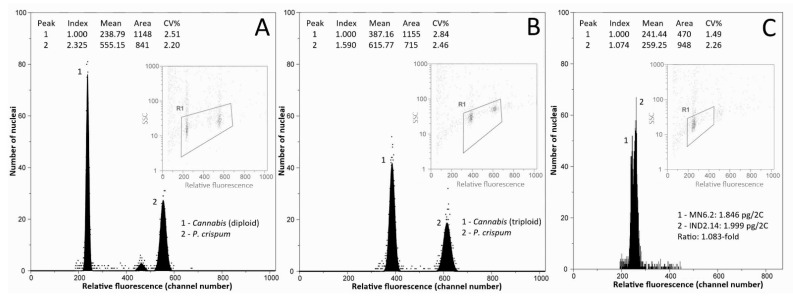 Flow histograms obtained from analysing (A) diploid Cannabis individual (accession KAZ, Kazakhstan) (peak 1) and (B) triploid Cannabis individual (accession IND1, North India), using Petroselinum crispum (4.5 pg/2C, peak 2) as the internal standard. (C) Flow histogram obtained from co-processing diploid individuals from accessions MN6 (Mongolia) and IND2 (South India).