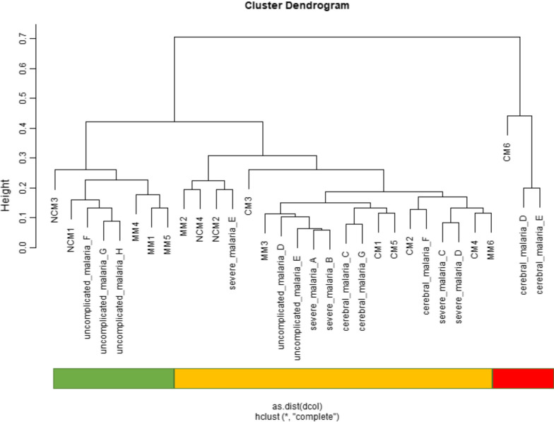 Cluster analysis dendrogram of malaria patient’s transcriptomes displays three clusters with varying severity. The cluster to the right is consistently CM, however contains only three samples, the cluster to the left is more mild, the one in the middle more severe. The distinct clusters are marked with colour bars: cluster 1 (green, predominantly mild), cluster 2 (orange, predominantly severe and cerebral), cluster 3 (red, consistently CM). CM cerebral malaria, MM mild malaria and NCM severe non-cerebral malaria