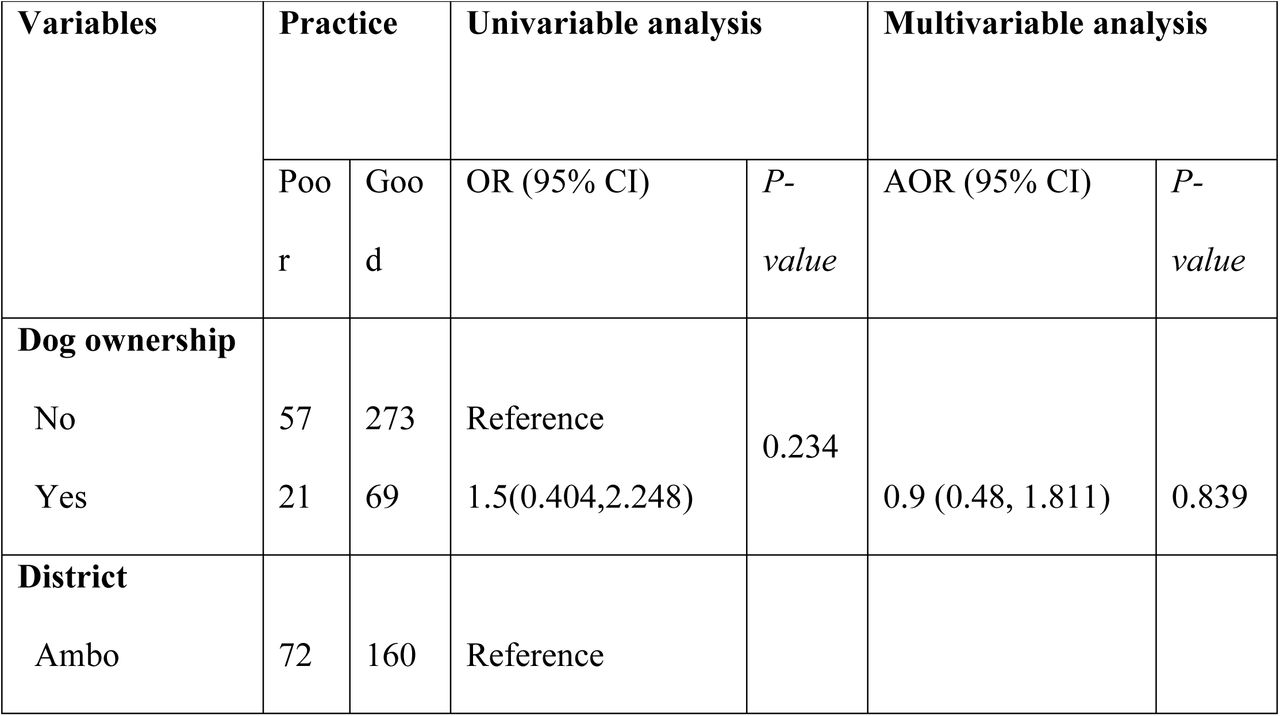 Univariable and multivariable logistic regression between practice score and risk factors on rabies in the study area