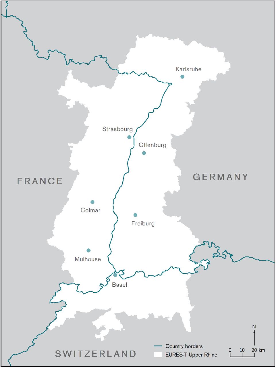 The EURES-T region Upper Rhine region for the purpose of promoting labor mobility across state borders. These comprise also the four “Eurodistricts” in the Upper Rhine “European region” for the purpose of decentralizing EU structural funds and promoting regional development. The Basel Trinational Eurodistrict is at the bottom.
