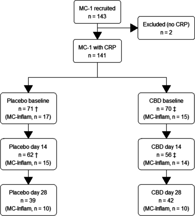 Flow of participants through the study. The single dagger (†) indicates CRP missing for one person; the double dagger (‡) indicates CRP missing for two people