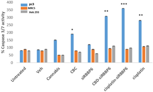Caspase 3/7 assay of silencing of RBBP6 in PC3 cells, with co-treatment with CBD or cisplatin induces caspase 3 mediated apoptosis. Relative luminescence expression of caspase3/7 in PC3, MRC5 and Hek 293 cells treated with 30 µM Cannabis sativa extract, 10 µM CBD, cisplatin and siRBBP6 for 48 h. The data represent the mean ± SD of three independent experiments. *P < 0.05, **P < 0.01 and ***P < 0.001 compared with the control group