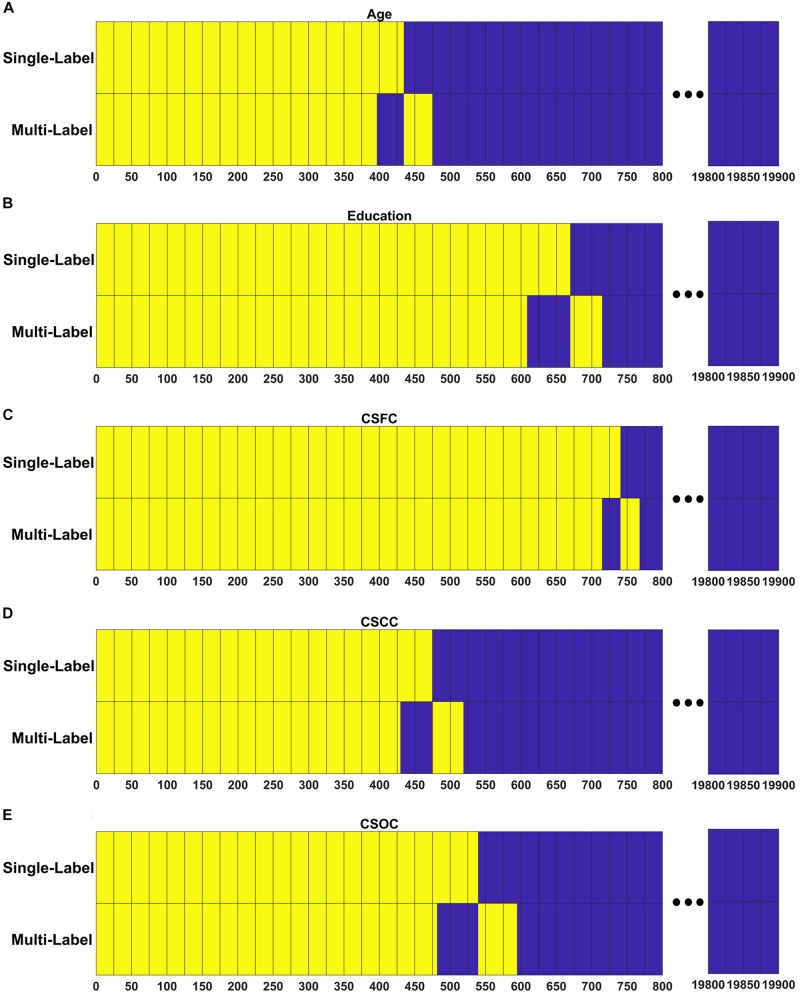 Resting state functional connections made significant contributions shared across the PLSR models established in the first and fourth set of estimations. For each model, RSFCs made significant contributions are marked with yellow, RSFCs made non-significant contributions are marked with blue, and common features between the two models are vertically aligned. Respectively, among the 437, 653, 741, 473, and 536 RSFCs that made significant contributions to the simultaneous estimations of (A) age, (B) education, (C) CSFC, (D) CSCC, and (E) CSOC, 396, 608, 714, 429, and 481 were in common between the multi- and single-label learning.