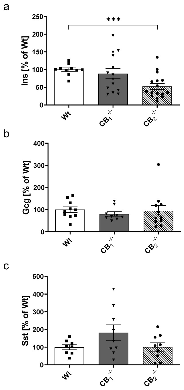 Western blot analysis of insulin (a), glucagon (b) and somatostatin (c) protein in pancreatic tissue of male and female wild-type (Wt) mice and cannabinoid receptor knockout mouse lines (CB1−/−, CB2−/−). (a) Insulin protein was decreased in the pancreatic tissue of CB2−/− mice. (b) Glucagon and (c) Somatostatin protein content displayed no significant differences, although a nonsignificant increase in CB1−/− was observed. Values are presented as mean (±S.E.M.) with n = 8–16 mice per group. Each protein level of male and female Wt mice was defined as 100%. *** p < 0.001; unpaired t-test.