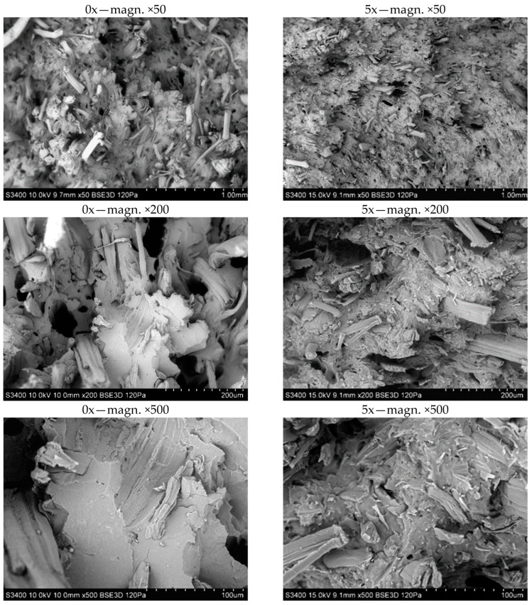 SEM photographs of the fracture surfaces of biocomposite samples for 0x and 5x biocomposites.