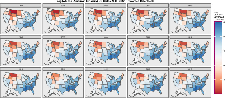 Choropleth map of log(Caucasian-American Population) across USA by Year – Reversed Colouring. Maps were drawn in ggplot2, sf and RColorBrewer