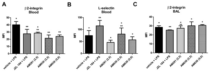 CB1 and CB2 receptors participation in adhesion molecules expression in LPS-induced ALI.(A) β2-integrin in the blood 6 hours after LPS-induced ALI, (B) L-selectin in the blood 6 hours after LPS-induced ALI and (C) β2-integrin in the bronchoalveolar lavage fluid 48 hours after LPS-induced ALI. Data are mean ± S.D., n=5-8 mice/group. * and **p<0.05. Kruskal-Wallis and Dunn´s tests for multiples comparisons.