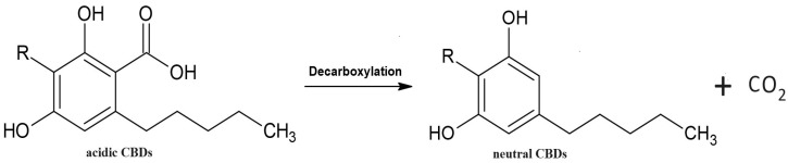 Schematic of the decarboxylation reaction of the acidic form of CBDs (CBDs-A) to neutral cannabinoids (CBDs-N).