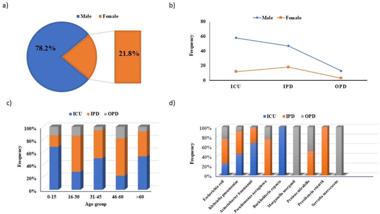Resistance patterns of bacterial isolates across age and sex groups, depicting 100% resistance to carbapenems across all age categories, with the ">60" age group showing the highest number of resistant isolates.(a) Percentage of males and females affected by CRE. (b) Distribution of males and females affected by CRE in different hospital units. (c) Frequency of age-groups affected by CRE in different hospital units. (d) Frequency of clinically isolated carbapenem-resistant organisms (CRE) as etiological agents in clinical samples from various hospital units.