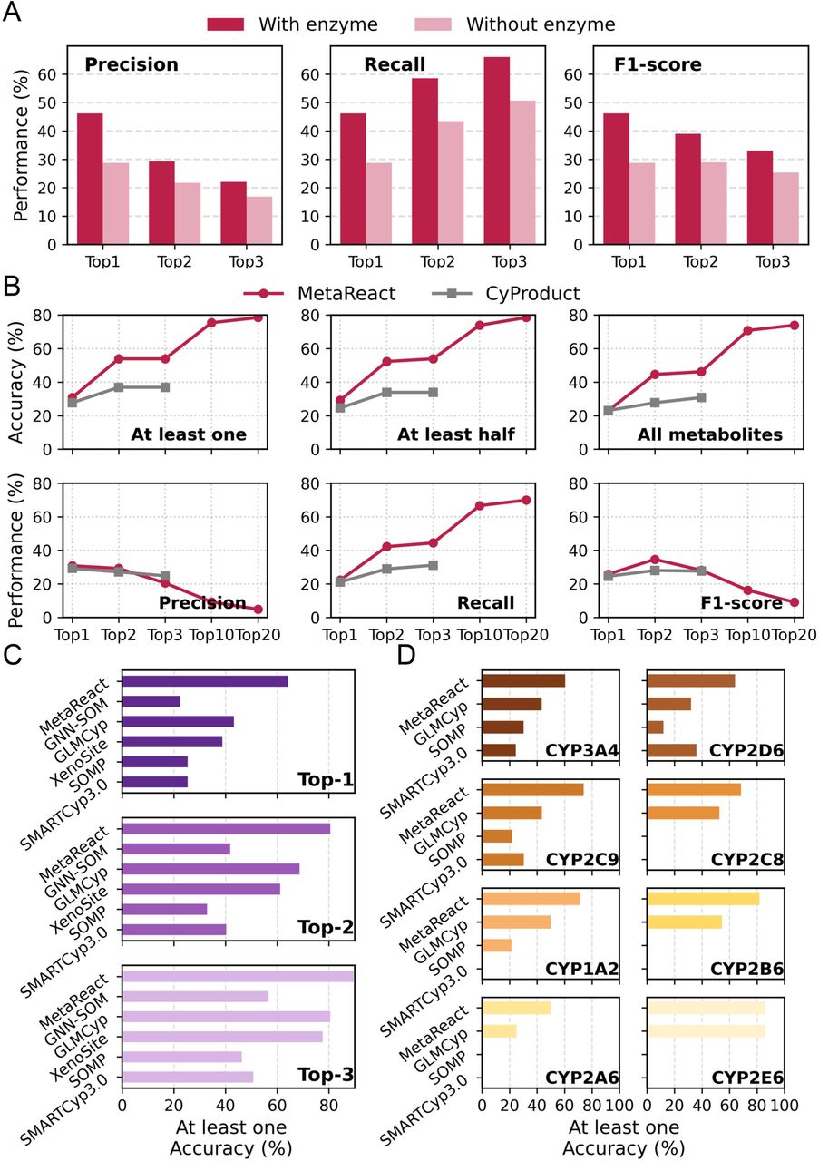 Performance of MetaReact in the enzyme-conditioned setting.(A) Effect of enzyme context on metabolite prediction in the internal test set. Performance was evaluated by precision, recall, and F1-score with and without enzyme subtype information. (B) Metabolite-prediction performance of MetaReact and the rule-based tool CyProduct under matched CYP450 isoform conditions. Accuracy, precision, recall, and F1-score are compared at multiple Top-k cutoffs. (C-D) SOM-prediction performance of MetaReact and baseline models at two levels: (C) CYP450 family level, showing Top-1, Top-2, and Top-3 accuracies, and (D) isoform level, showing Top-1 accuracy.