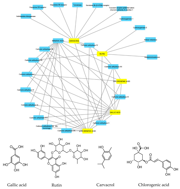 Components–Targets analysis. Compounds’ interactions with single predicted targets.