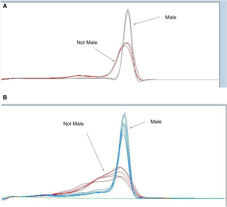 High-resolution melt (HRM) curve profiles from sex markers derivatized high-resolution melting analysis curves on selected Cannabis sativa male and not male samples from the SexID Steep Hill high-throughput testing sample set