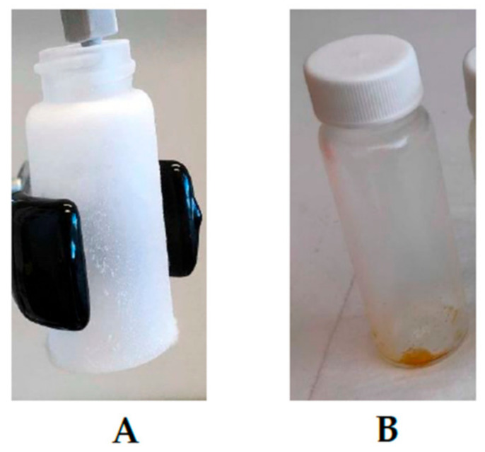 Throttling effect during the extract collection, (A): dry ice formation at sudden drop in pressure (250 bar to 0 bar), (B): Collection of extract at low pressure drop (50 bar to 0 bar).
