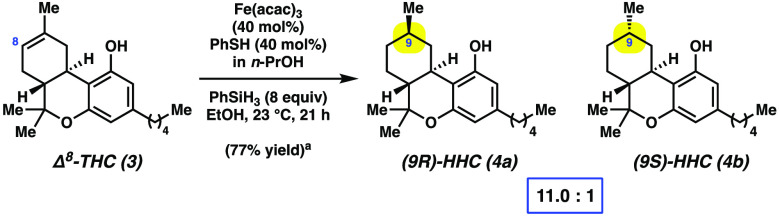 HAT Reduction of Δ8-THC (3) To Give HHCs 4a and 4bYield reflects the average of two isolation experiments.