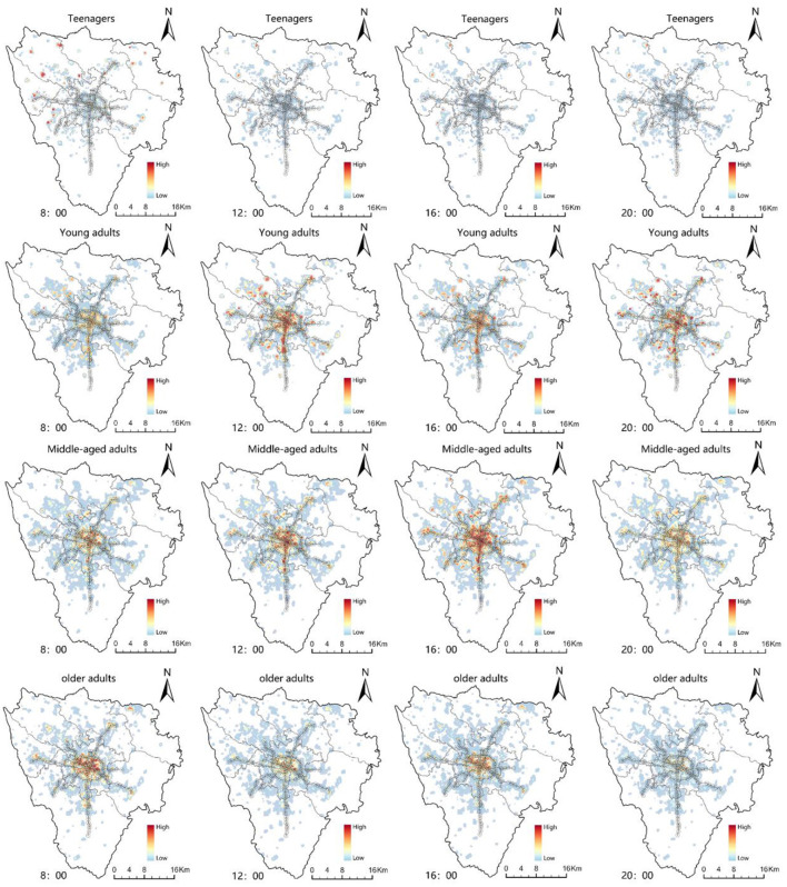 The distribution of TOD vibrancy for each age group (teenagers, young adults, middle-aged adults, and older adults).
