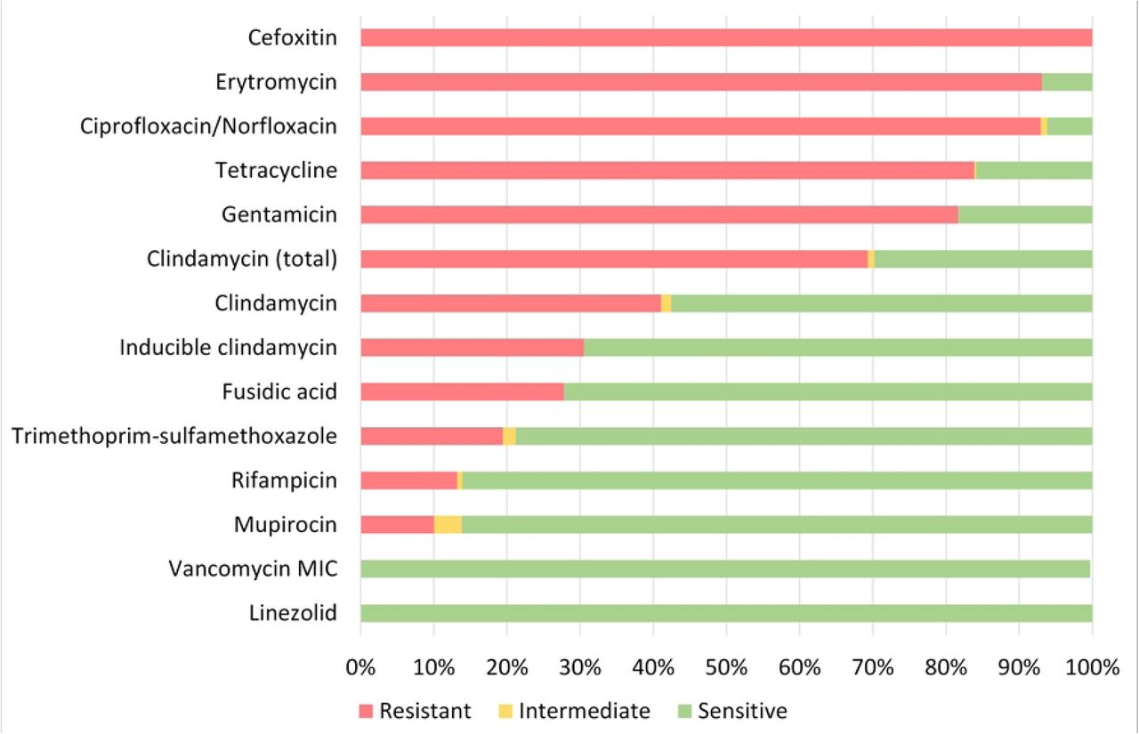 Phenotypic susceptibility of all MDR-MRSA strains categorized as resistant, intermediate or susceptible towards tested antibiotics.