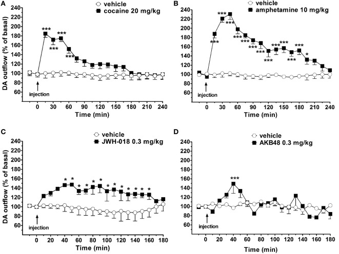 Effect of the systemic administration of cocaine [20 mg/kg i.p.; (A)], amphetamine [10 mg/kg i.p.; (B)], JWH-018 [0.3 mg/kg i.p.; (C)], and AKB48 [0.3 mg/kg i.p.; (D)] on dopamine (DA) transmission in the nucleus accumbens (NAc) shell of mice. Results are expressed as mean ± SEM of change in DA extracellular levels expressed as the percentage of basal values. *p < 0.05, ***p < 0.001 versus vehicle (NAc shell n = 13) (two-way ANOVA, Tukey’s HSD post hoc).