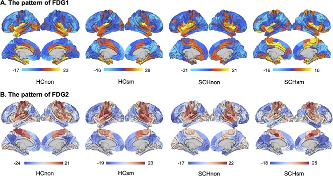 The pattern of the FDGs. (A) The FDG1 captures a ventromedial-dorsolateral spatial transition, and (B) the FDG2 captures a unimodal-to-transmodal transition. The colorbar represents the strength (component scores) of the FDG. Abbreviations: HC nonsmokers, HCnon; HC smokers, HCsm; schizophrenia nonsmokers, SCHnon; schizophrenia smokers, SCHsm.