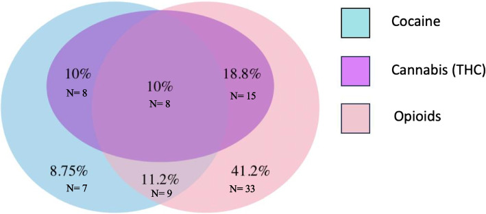 The Venn diagram describes the drug use in the exposure group: cocaine(39.9%), cannabis(38.8%), and opioids (81.2%)