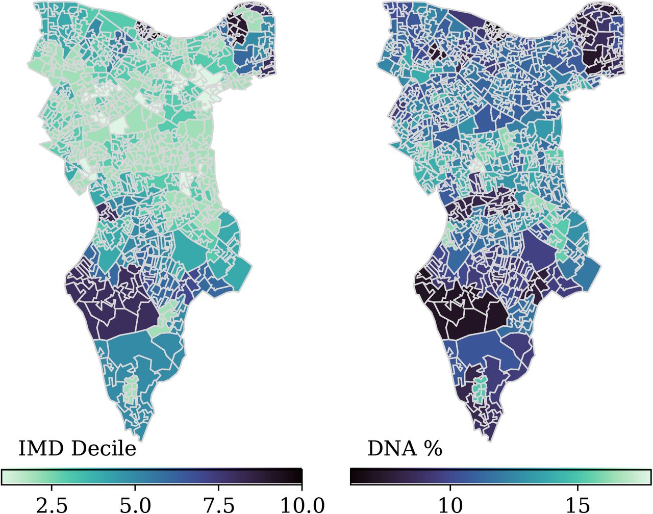 The London Borough of Southwark, with each LSOA coloured by the IMD decile (left) or DNA rate (right) of that area. Lighter colours show more deprived areas. The color scale is reversed for the DNA rate to better show the negative correlation between the two.