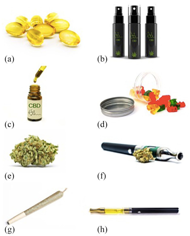 OTC CBD products: (a) Capsules, (b) Spray, (c) Oil and dropper, (d) Gummies, a type of ‘edible’. (e) Dried plant material, (f) A dry vaporizer, (g) Joint, and (h) e-Liquid vaporizer