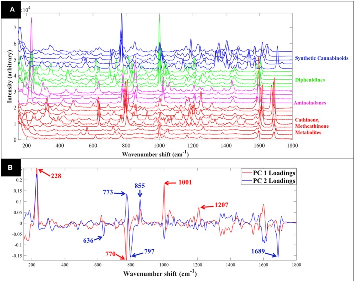 Comparative Raman spectra of all samples collected in solid form (A). PCA loadings plot of the Raman spectral data collected from all samples in solid form (B); this corresponds to the PCA scores plot shown in Figure 3A. Different colors represent the compounds with same core structures (methcathinones in red, aminoindanes in purple, diphenidines in green, and synthetic cannabinoids in blue).