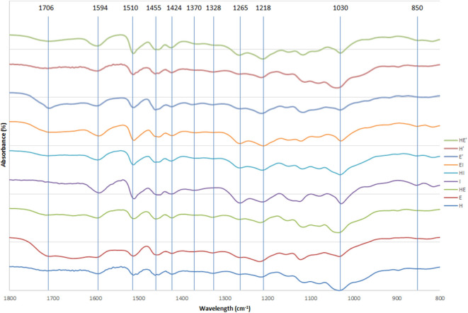 FTIR spectra of lignin and re-processed lignin (′) from Hemp (H), Euphorbia (E), Indulin (I), and mixed (HE, HI, EI).