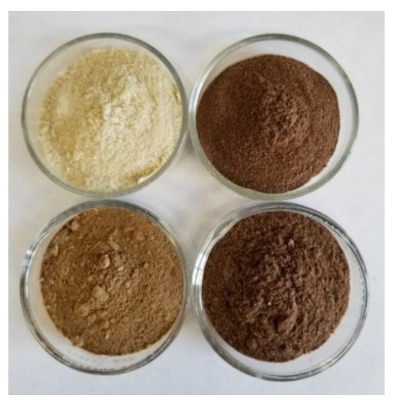 Protein isolate extracted from hemp seeds and hemp by-products. Clockwise from top left: protein isolate from hemp hearts, hemp whole seed, hemp hulls, and hemp cake.
