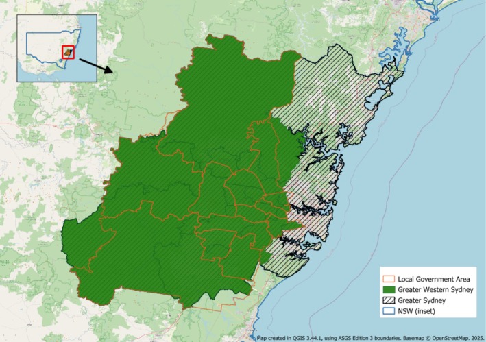 Map of Greater Western Sydney, Greater Sydney and Local Government Area boundaries. Source: Map created in QGIS 3.44.1, using Australian Statistical Geography Standard Edition 3 boundaries (available at https://data.gov.au/data/dataset/asgs‐edition‐3‐2021‐boundaries) CC BY 4.0. Local Government Area: Non ABS structure boundaries (2025); Greater Western Sydney: SA3 structure (2021), see Appendix Table A1 for full list of SA3s used; NSW and Greater Sydney boundaries: Greater Capital City Statistical Areas structure (2021). Basemap© OpenStreetMap contributors [79]. 2025.