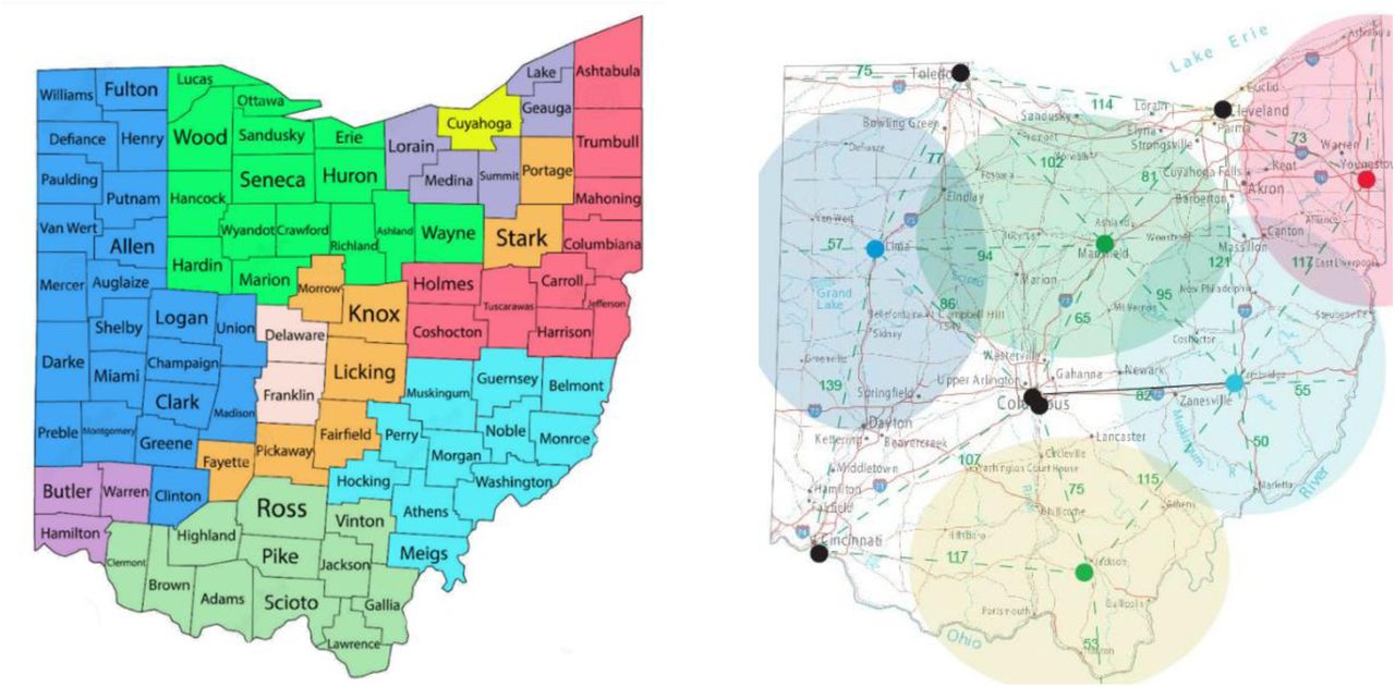 Panel A. Illustration of the sampling regions for WD survey, subdivided by urban – rural, geographic region, race and ethnicity. Urban counties are further subdivided to optimize sampling strategy (not illustrated here) Figure 2, Panel B. Illustration of the BH targeted mobile sampling sites (colored dots) and sampling zones. Green dashed lines and numbers indicate google mileage distances between locations. Black dots indicate stationary BH sites in medical centers. Mobile sampling sites vary pending contractual details.
