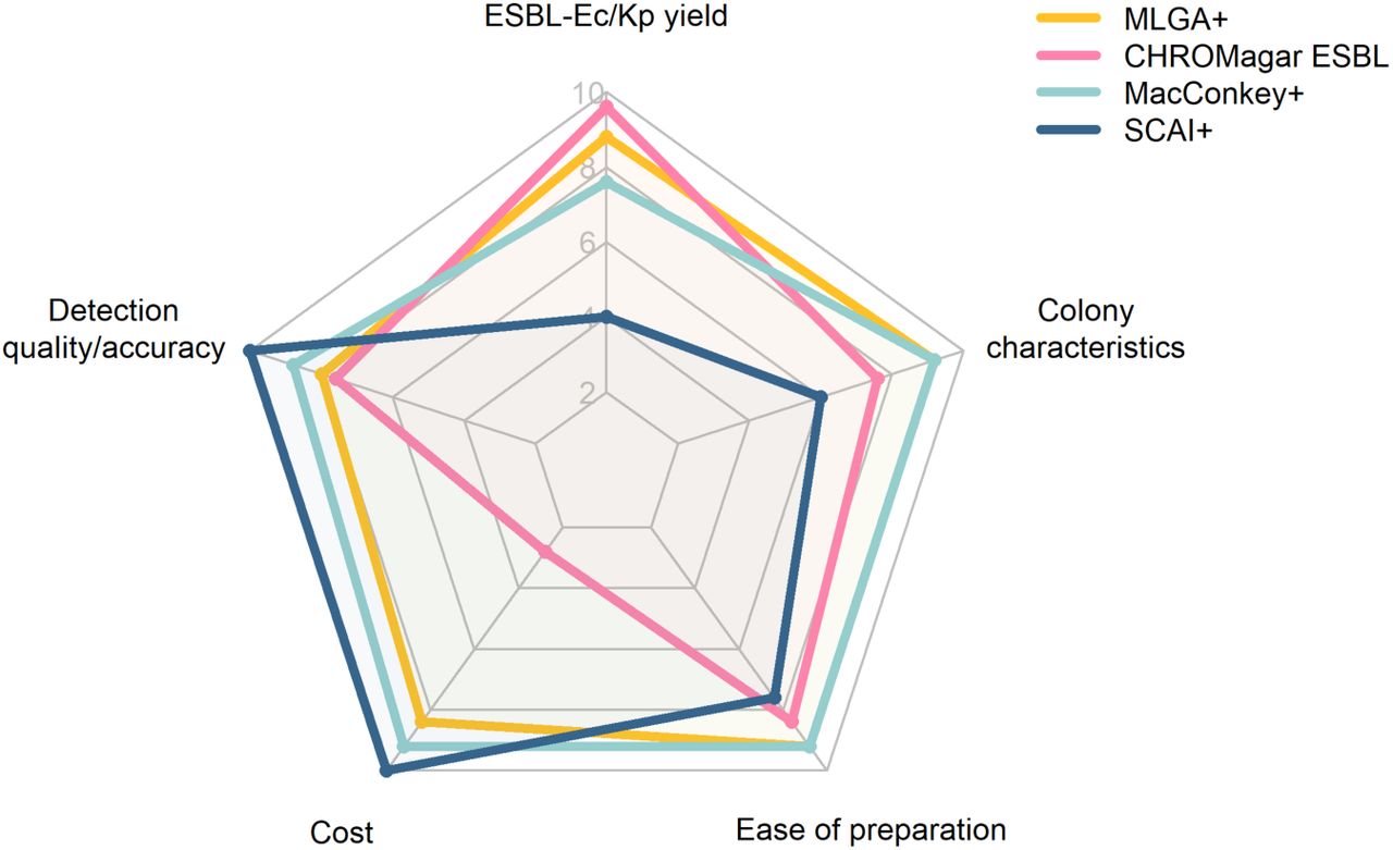 Performance of selective agar scored on ESBL-Ec/Kp yield, detection quality/accuracy, cost, ease of preparation and colony characteristics. Higher scores indicate better performance for each category.