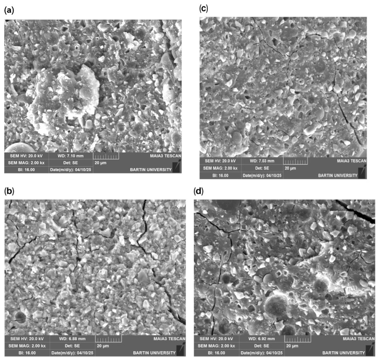 (a) Fracture surface SEM image (Ketac™ Cem Radiopaque, Control group); (b) fracture surface SEM image (Ketac™ Cem Radiopaque, %1 NP); (c) fracture surface SEM image (Ketac™ Cem Radiopaque, %3 NP); (d) fracture surface SEM image (Ketac™ Cem Radiopaque, %5 NP).