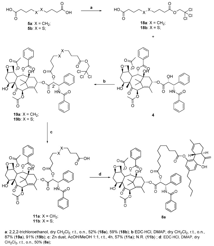 Synthesis of paclitaxel-CBD conjugate 8a.