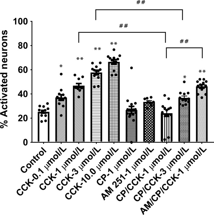 Percentage of neurons activated by the following treatments: media (Control); 0.1 μmol/L CCK (CCK‐0.1 μmol/L); 1.0 μmol/L CCK (CCK‐1 μmol/L); 3 μmol/L CCK (CCK‐3 μmol/L); 10 μmol/L CCK (CCK‐10.0 μmol/L); 1 μmol/L CP 55,940 (CP‐1 μmol/L); 1 μmol/L AM251 (AM251‐1 μmol/L); 1 μmol/L CP 55,940 with 1 μmol/L CCK (CP/CCK‐1 μmol/L); 1 μmol/L CP 55,940 with 3 μmol/L CCK (CP/CCK‐3 μmol/L); or 1 μmol/L AM251 with 1 μmol/L CP 55,940 and 1 μmol/L CCK (AM/CP/CCK‐1 μmol/L). Data were analyzed by 1 way ANOVA and post hoc Tukey's multiple comparisons test. *Significantly different from control (P < 0.02); **Significantly different from control (P < 0.0001). Planned comparisons: 1 μmol/L CCK versus 1 μmol/L CP 55,940 + 1 μmol/L CCK; 3 μmol/L CCK versus 1 μmol/L CP 55,940 + 3 μmol/L CCK; 1 μmol/L CP 55,940 + 1 μmol/L CCK versus 1 μmol/L AM 251 + 1 μmol/L CP 55,940 + 1 μmol/L CCK (## P < 0.0001).