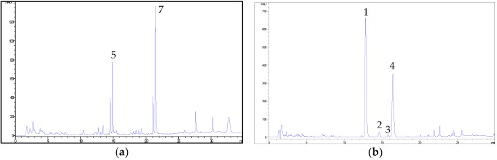 (a) Representative HPLC-UV/DAD chromatogram of a hemp extract (sample C6) at 342 nm obtained by using the analytical method optimised for flavonoids and related compounds. For peak numbering, see Table 1. (b) Representative HPLC-UV/DAD chromatogram of a hemp extract (sample C6) at 210 nm obtained by using the analytical method optimised for cannabinoids. For peak numbering, see Table 1.